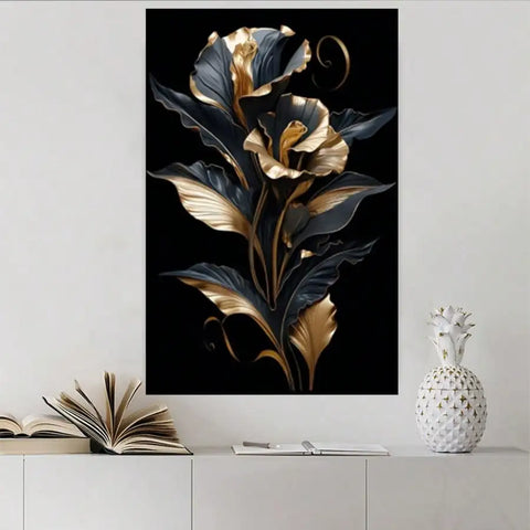 1Pc Modern Black & Golden Floral Canvas Art