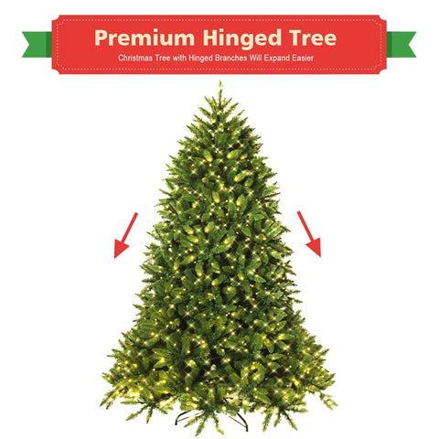 Pre-Lit Christmas Tree with LED Lights, 5/ 6/ 7FT Artificial Christmas Tree with 8 Lighting Modes, Hinged LED Spruce Tree
