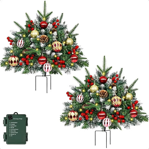 2 Pack Prelit Planter Bushes Christmas Tree 24 Christmas Planter Pot Urn Filler Outdoor with 50 LED Lights Pine Cones Red Berri