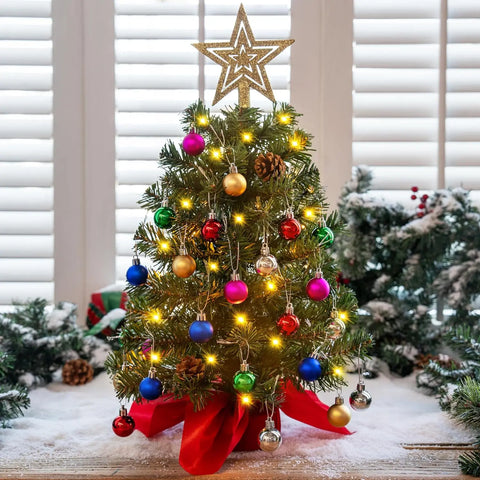 JOYFY 24"/2FT Prelit Tabletop Christmas Tree with Warm Lights Pine Cones for Best Holiday Season Christmas Decoration