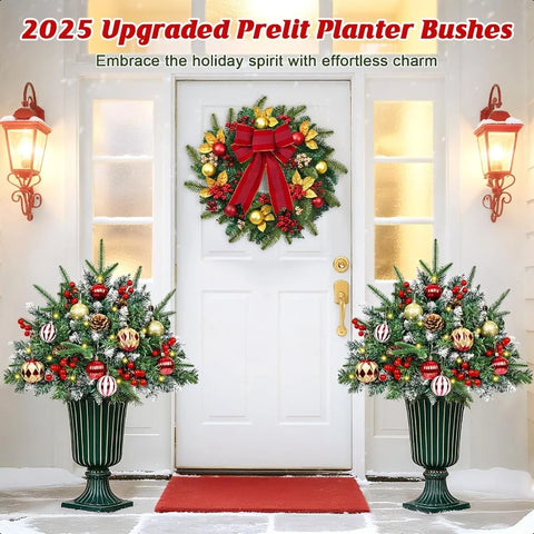 2 Pack Prelit Planter Bushes Christmas Tree 24 Christmas Planter Pot Urn Filler Outdoor with 50 LED Lights Pine Cones Red Berri