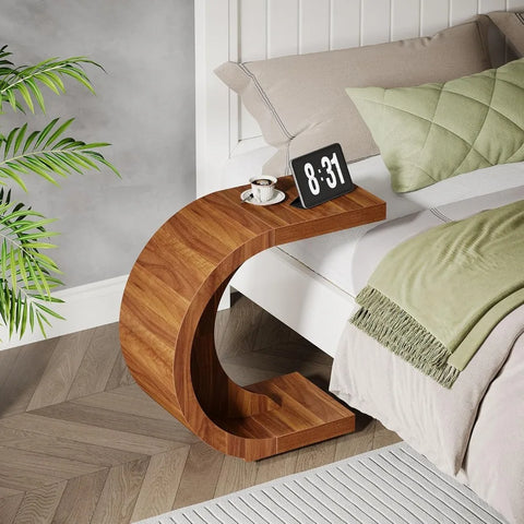 C-Shaped End Table Set of 2, Rustic Compact Side Table for Couch