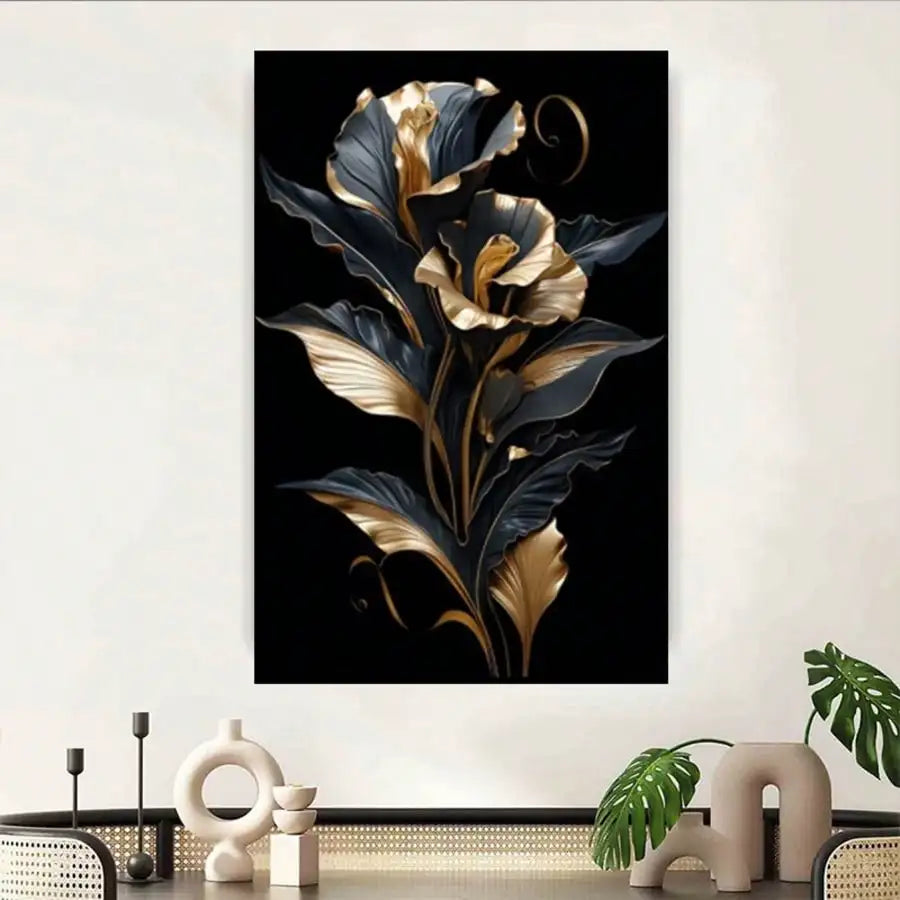 1Pc Modern Black & Golden Floral Canvas Art