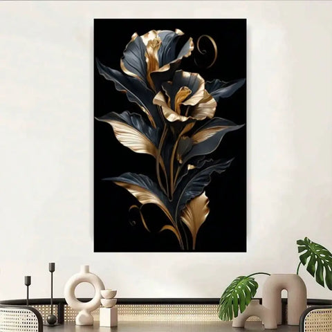 1Pc Modern Black & Golden Floral Canvas Art
