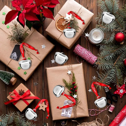 24 Pcs Christmas Believe Bell Ornaments 1.5 Inch Polar Santa Sleigh Jingle Bells with Believe Ribbon Christmas Tree Decorations