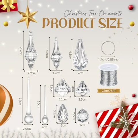 150 Pcs Christmas Crystal Ornaments for Tree Acrylic Christmas Decoration Clear Hanging Teardrop 10 Styles Diamond Pendants Bea