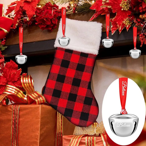 24 Pcs Christmas Believe Bell Ornaments 1.5 Inch Polar Santa Sleigh Jingle Bells with Believe Ribbon Christmas Tree Decorations