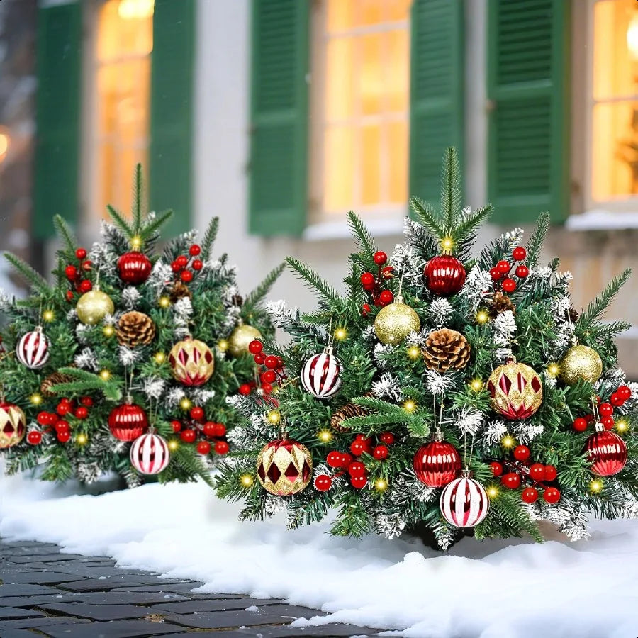 2 Pack Prelit Planter Bushes Christmas Tree 24 Christmas Planter Pot Urn Filler Outdoor with 50 LED Lights Pine Cones Red Berri