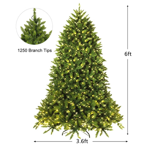 Pre-Lit Christmas Tree with LED Lights, 5/ 6/ 7FT Artificial Christmas Tree with 8 Lighting Modes, Hinged LED Spruce Tree