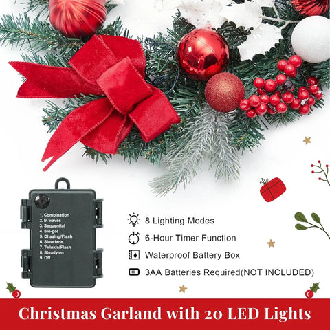 6 Ft Pre-Lit Christmas Garland For Mantle With 20 Led Lights & Red Bows 8 Lighting Modes  Versatile Decorating For Any Space