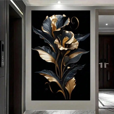 1Pc Modern Black & Golden Floral Canvas Art