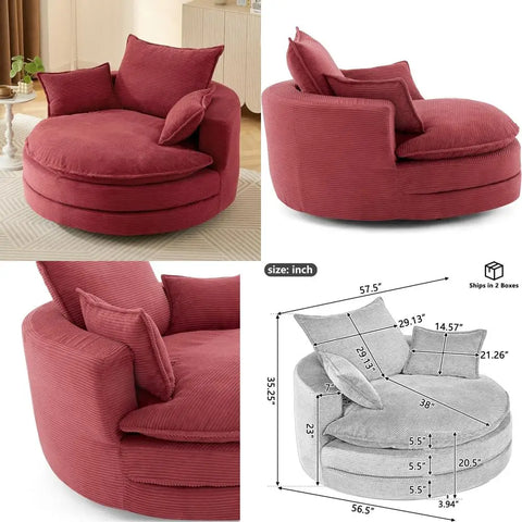 360-degree swivel barrel chair with dual-layer cushion and 3 removable pillows