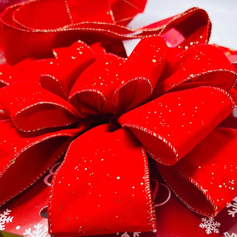 Christmas Jumbo Bows Gift Boxed 52 Inches by 12 Inches Gold Wired Red Velvet Bows