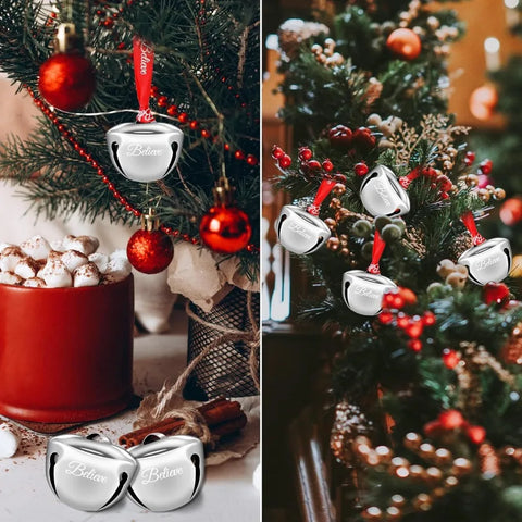 24 Pcs Christmas Believe Bell Ornaments 1.5 Inch Polar Santa Sleigh Jingle Bells with Believe Ribbon Christmas Tree Decorations