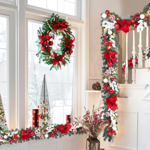 6 Ft Pre-Lit Christmas Garland For Mantle With 20 Led Lights & Red Bows 8 Lighting Modes  Versatile Decorating For Any Space