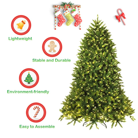 Pre-Lit Christmas Tree with LED Lights, 5/ 6/ 7FT Artificial Christmas Tree with 8 Lighting Modes, Hinged LED Spruce Tree
