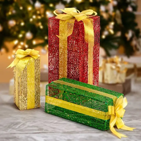 3-Piece Lighted Gift Box Set with 90 LED Warm White Lights