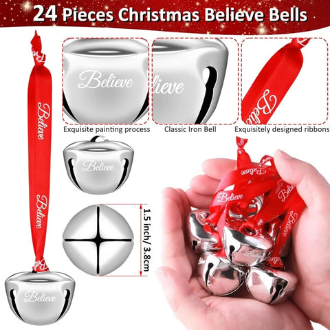 24 Pcs Christmas Believe Bell Ornaments 1.5 Inch Polar Santa Sleigh Jingle Bells with Believe Ribbon Christmas Tree Decorations