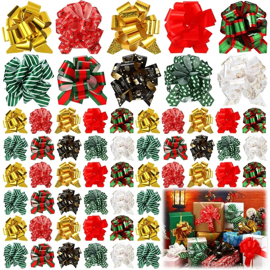 100 Pieces Christmas Wrap Pull Bows 5 Inch Gift Bows with Ribbon Wrapping Accessory for Holiday Baskets and Box Decoration Asso