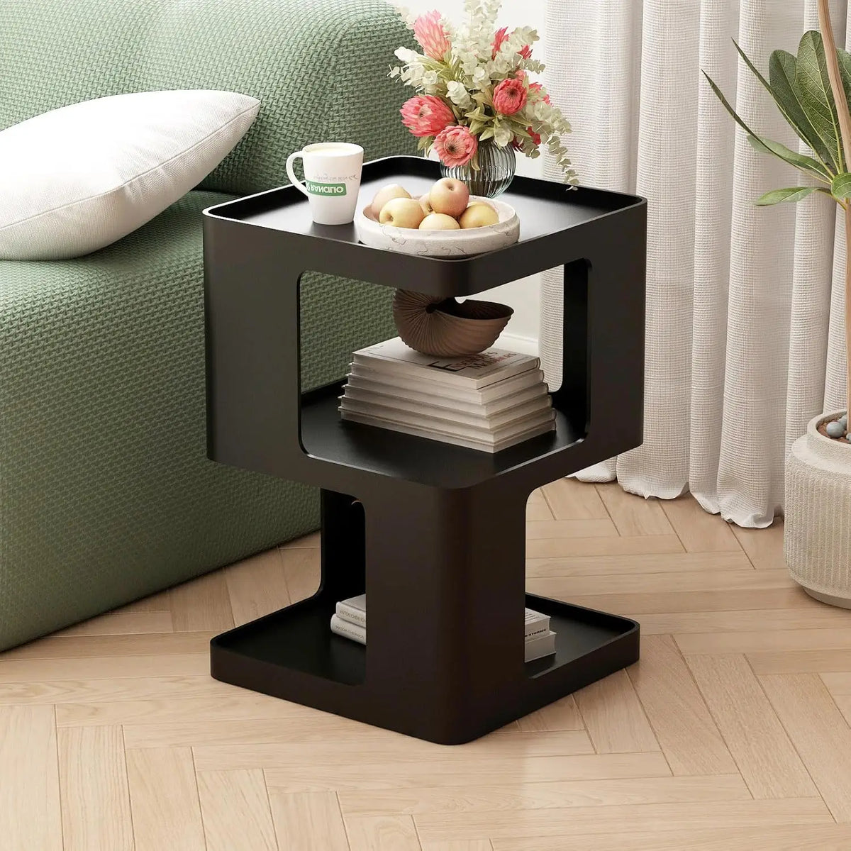Metal Black Nightstands, Modern Side Table with 3 Tiers Storage