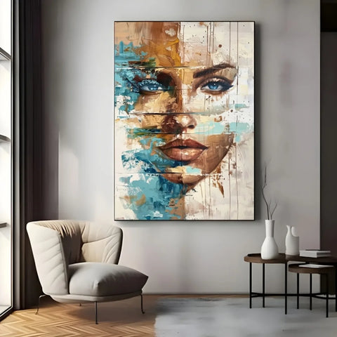 Blue & Golden Abstract Floral Woman Canvas