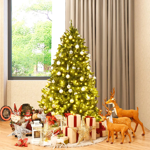 Pre-Lit Christmas Tree with LED Lights, 5/ 6/ 7FT Artificial Christmas Tree with 8 Lighting Modes, Hinged LED Spruce Tree