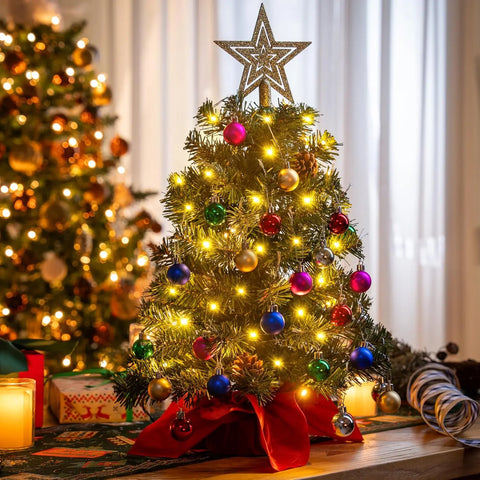 JOYFY 24"/2FT Prelit Tabletop Christmas Tree with Warm Lights Pine Cones for Best Holiday Season Christmas Decoration