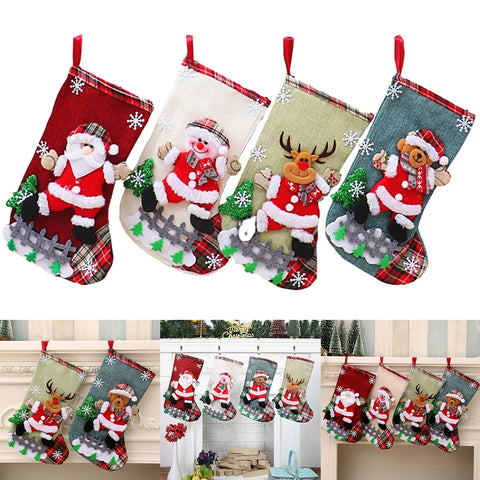 4Pcs Christmas Stockings Set Large Capacity Cute Stockings Bag Plush Santa Claus/Snowman/Bear/Elk for Xmas Tree Fireplace