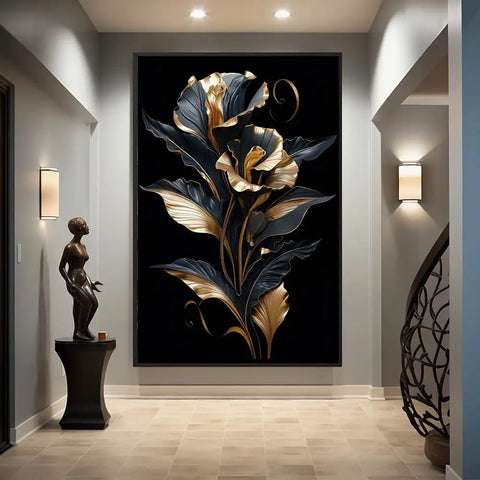 1Pc Modern Black & Golden Floral Canvas Art